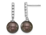 14K White Gold Black Saltwater Tahitian Dangle Pearl Earrings (9-10mm) with Diamonds